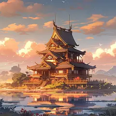 (2/4)动漫宝塔背景高清壁纸，以写实超详细渲染风格，音调艺术家，平静的水面，哥布林学院，戏剧性的阴影，宗教建筑，大胆的，漫画风格的角色(AI绘图来自WeDraw.art)