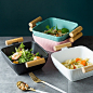 Large Ceramic Bowl With Wooden Handles - yellow