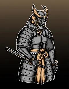 日本武士武将盔甲面具鬼面能面插画