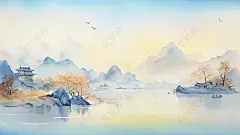 古风水彩水墨山水画中国风风景壁纸飞鸟古典山水画祥云国潮山水云雾环绕黑白水墨丹青色水墨画