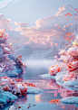 3d scenery by water with flowers and plants in summer, in the style of sky-blue and pink, interdimensional landscapes, influenced by ancient chinese art, rococo-inspired art, eye-catching composition, loish, joyful celebration of nature