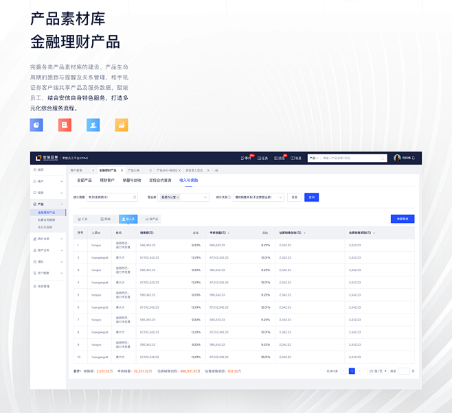 安信财富管家 B端 PC端 表格