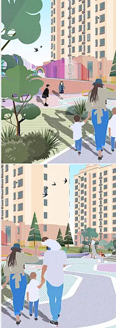 小清新插画风居住景观效果图PSD分层素材插画风大区效果图ps素材