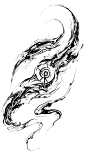 This may contain: a black and white drawing of an abstract wave with a compass on it's side