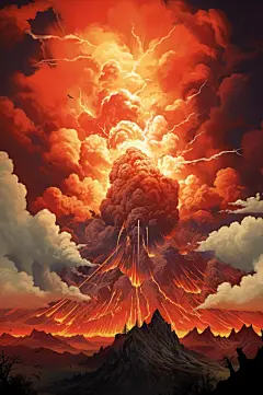 AI数字艺术自然灾害火山喷发插画