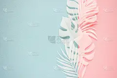 蓝色背景上的热带棕榈叶。平躺，俯视图