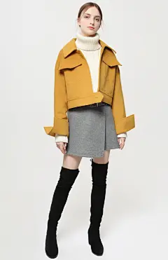 糖力2017冬装新款欧美女装黄色时尚翻领暗扣羊毛毛呢外套短款上衣-tmall.com天猫