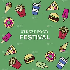 街头美食节海报与垃圾食品图标。