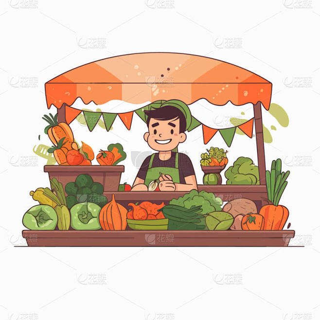 蔬菜和水果摊位。小食品市场。健康的生活方式有机食品。农产品。卡通矢量图解。标签、贴纸、 T恤衫印刷