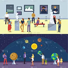 美术馆或太空天文展览博物馆的人。向量家庭与孩子看博物馆陈列艺术家图片和银河行星