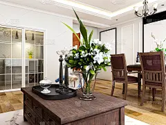 美式设计客厅设有餐桌、投影仪、沙发、茶几等。