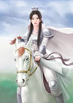 手绘图片：身穿铠甲战袍骑白马凯旋归来的“花木兰”