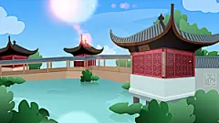 古风山水建筑凉亭荷花风景点插画海报背景
