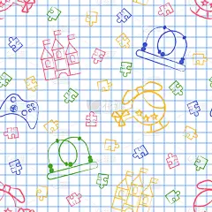 无缝模式回到学校。矢量 白表蓝色方形书写墨迹 手绘样式。无缝壁纸与直升机，拼图，迷宫，城堡，操纵杆的