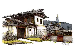 旧村落写生，用水性马克笔绘制的乡村民居手绘。丨来自夏克梁先生作品。