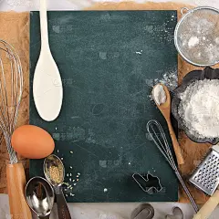 烘焙背景:含有烘焙原料，如鸡蛋，芝麻，面粉，油和烘焙器具。适合背景或壁纸
