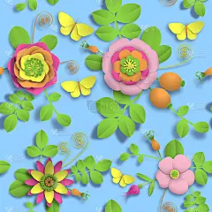 纸工艺3D野玫瑰花，玫瑰果和蝴蝶无缝图案。矢量插图原图