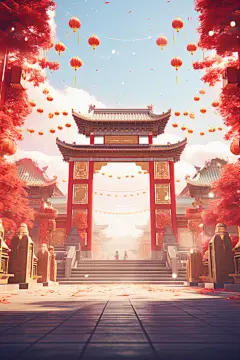 大门牌坊喜庆开门大吉中式背景图图片