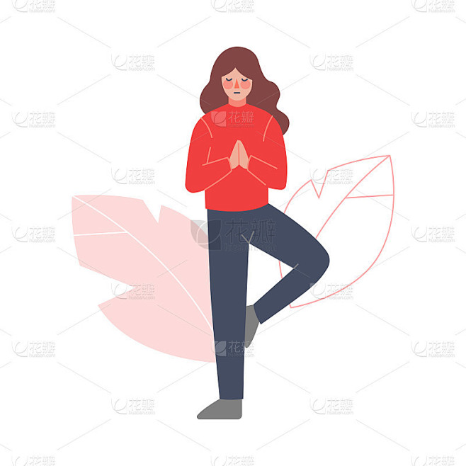 女孩冥想冷静下来紧张的情绪，人放松，减少和管理压力卡通风格矢量插图