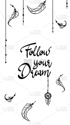卡片海报追随你的梦想。捕梦网纹身曼海蒂设计与羽毛。黑色涂鸦手绘轮廓轮廓孤立在白色。向量点缀插图