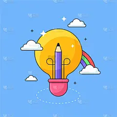 铅笔里面的灯泡和云彩虹为孩子创造性的想象视觉概念矢量插图