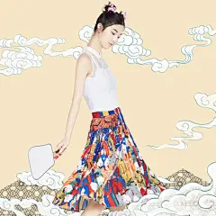 新衣记2016夏季新款女装 人物花色浪漫压褶百搭A型半身裙68160010