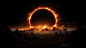 General 2912x1632 AI art eclipse  fire landscape mountains digital art explosion rock formation glowing clouds