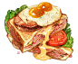 「どっさりハムのホットサンド」絵。 平面设计  食物 教程 插画 液体 蜂蜜 芝士 三明治 面包 番茄 鸡蛋 蛋黄
