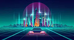 线条唯美绿紫渐变城市建筑矢量素材