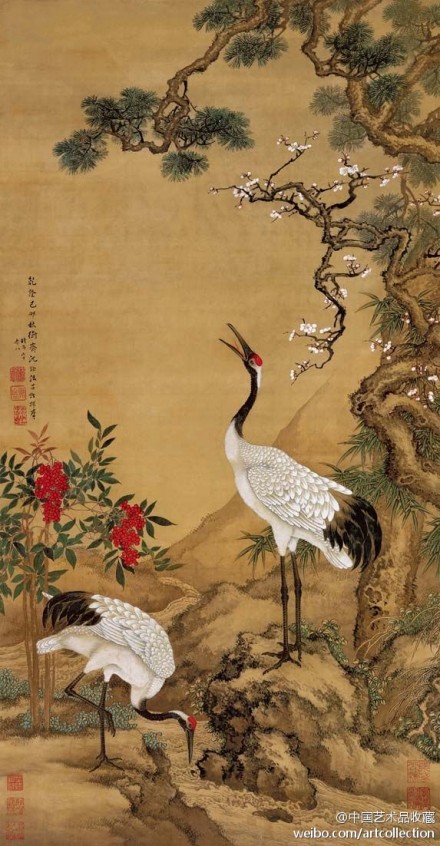 工笔画#【 清沈铨《松梅双鹤图》 】立轴，绢本设色，100×51.5cm，北京