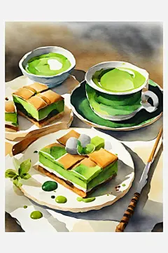AI数字艺术美食甜品抹茶蛋糕水彩插画-众图网