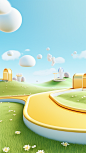 Stage design, close-up s-shaped curve with grass on both sides, cows, blue sky and white clouds, 3d rendering, c4d, vibrant stage background, symmetrical composition