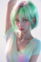 blunt bangs, masterpiece, best quality, best illustration, ultra-detailed, upper body, solo, 1 girl, looking at viewer, upright, arms at sides, beautiful detailed eyes, concept art, white background, simple background, white hair, green gradient hair, sho
