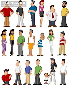 各式卡通人物#卡通##人物##胖子##白领##男士##女士##小姐##儿童##男人##女人##老人##西服##休闲##插画#