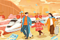 红色一家人喜庆新年春运高铁站人物插画