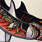 水墨风格纹身骨架骷髅头纹身和鲨鱼纹身手稿