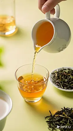 jimeng-2025-06-10-737-手提白色茶壶往盛着橙黄色液体的透明玻璃公道杯中倒茶，浅黄色渐变背景，商业摄影，茶汤拍摄，8k摄影