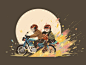 Suzuki night speed moon star motorbike family character illustration