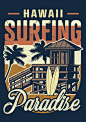 复古夏威夷海滩冲浪旅游彩色海报徽标logo标志矢量图素材
