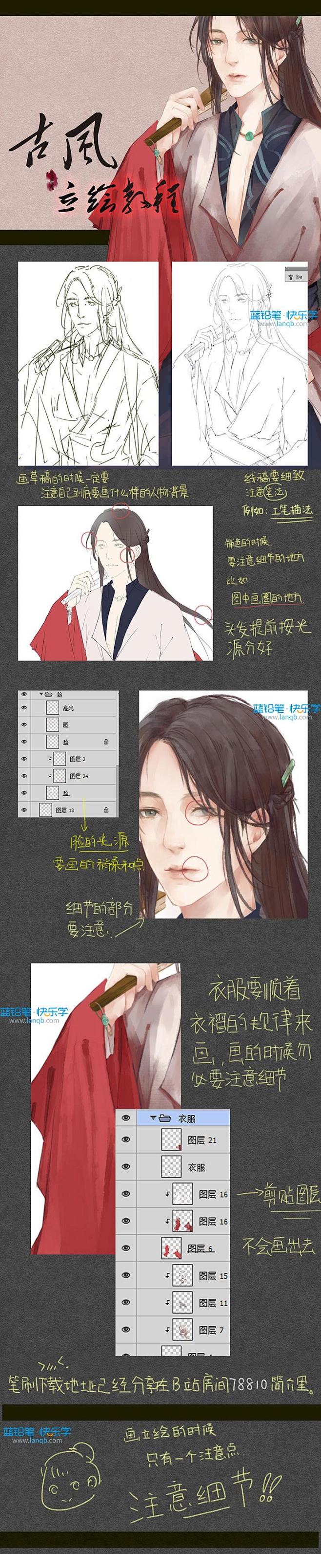 古风美男子立绘插画PS教程 - 蓝铅笔