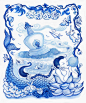 Bei Hai Mermaid : illustration for a T-shirt design for Plastered 8 company in Beijing, of a mermaid chilling in Bei Hai park in Beijing. Done in the style of beautiful traditional Chinese blue and white porcelain.