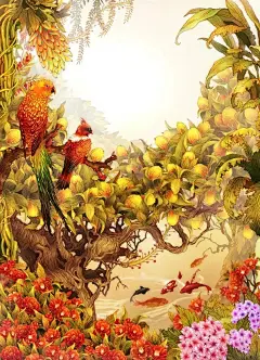 梦境般的绘画
来自韩国插画师Song, keum-Jin的插画设计作品，插画以各种动物与花果营造了像爱丽丝仙境一样的奇幻世界，如梦如幻，让你如梦境般的美丽