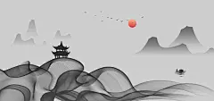 中国风古典水墨禅意线条山水画海报banner