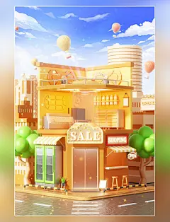 双11双十一3D立体城市街道商店超市便利店促销电商场景