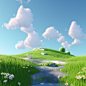 , a beautiful piece of landscape and waterfall, in the style of light sky-blue and light green, daz3d, flower and nature motifs, atmospheric clouds, clean and simple designs, pastoral charm, prerendered graphics