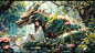 72100983-1254367267-1girl,long hair,pointy ears,sitting,black hair,dragon,outdoors,nature,solo,tree,water,long sleeves,day,wide sleeves,jewelry,flow