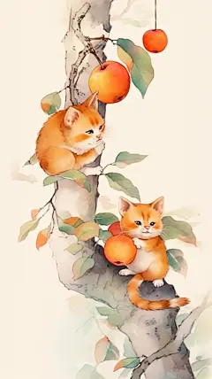 暖色系树枝小柿子24节气秋分植物插画