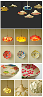 Sachie Muramatsu是一位来自日本从事和纸（washi）创作的设计师，这组‘花水木’吊灯（Hanamizuki）系列的创作灵感来自花，装饰纹样并不在表面，而是藏在了灯罩里面。另外还有一些盘子、灯罩如花瓣一样的灯，均是用和纸制作
