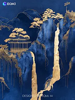 大美国风丨EQMJ AI绘制克莱因蓝瀑布山水画