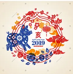 新春节日快乐猪年2019年会对联可爱卡通手绘插图插画矢量分层素材-淘宝网